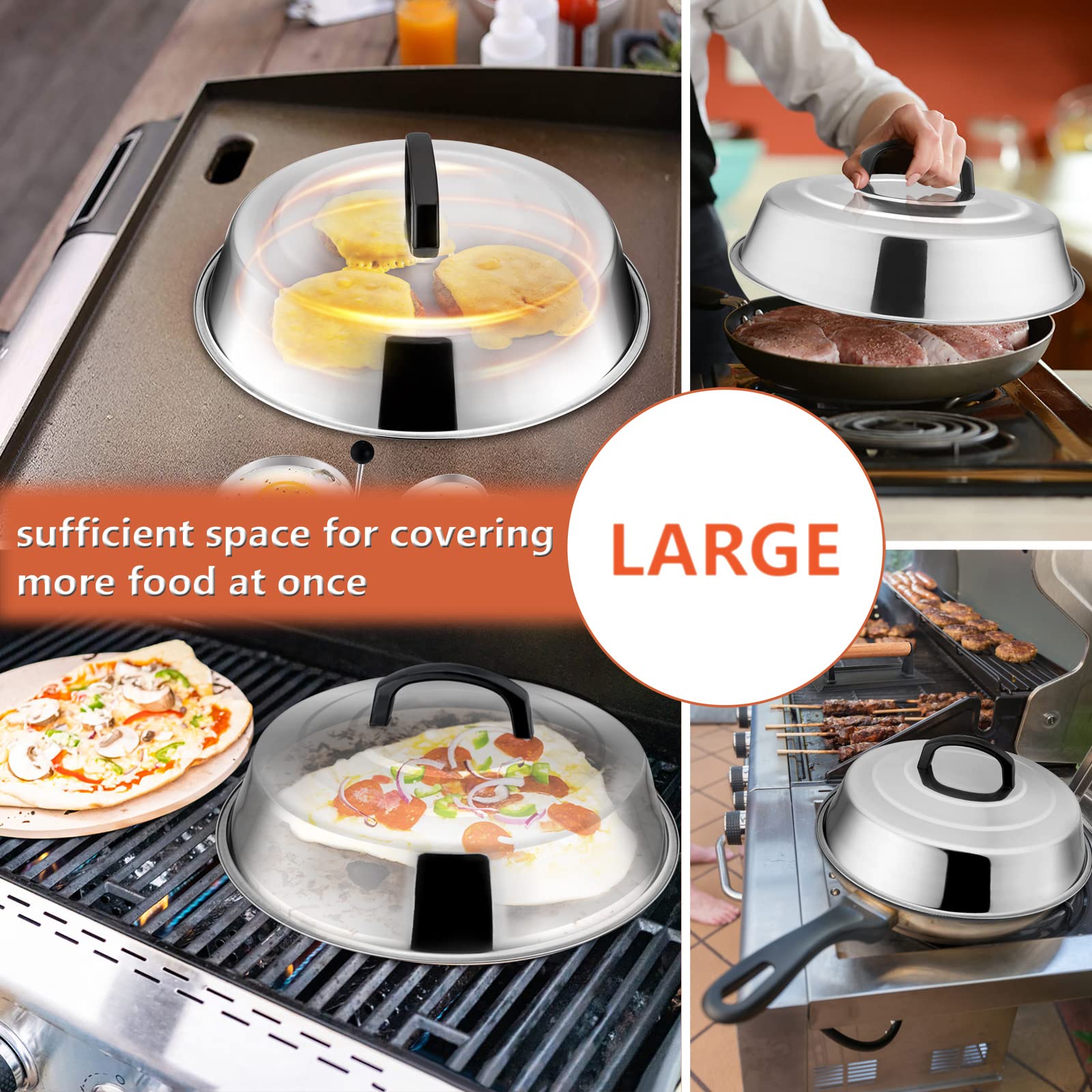 Cheese Melting Dome Set of 3  HaSteeL Stainless Steel Round Basting Steaming Covers  Professional Griddle Grill Accessories for Flat Top Teppanyaki BBQ Cooking Indoor & Outdoor (12